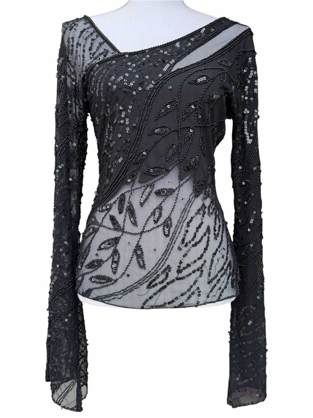 Y2K Caché Beaded Bell Sleeve Asymmetrical Sequined Top